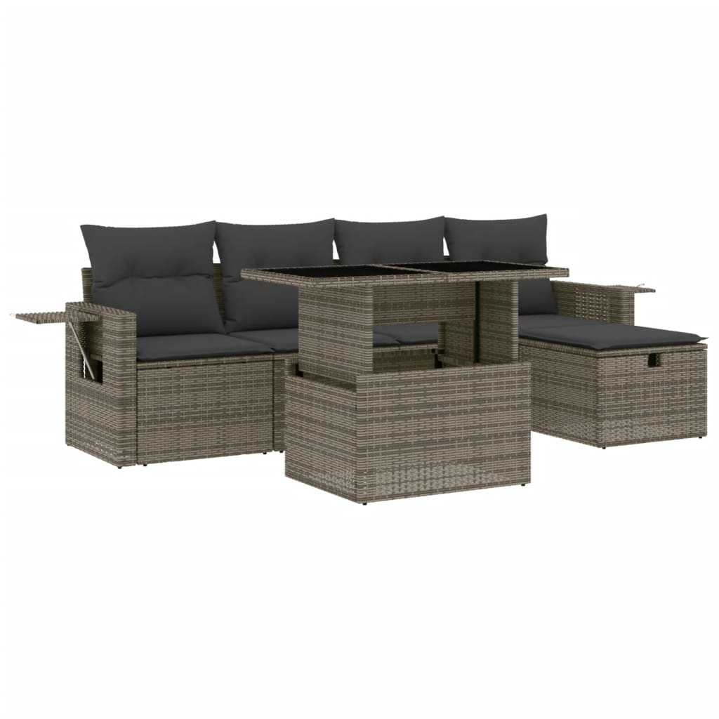 Garden furniture set with cushions, 6 pieces, grey, polyrattan