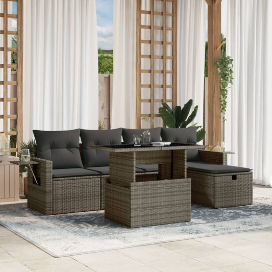 Garden furniture set with cushions, 6 pieces, grey, polyrattan