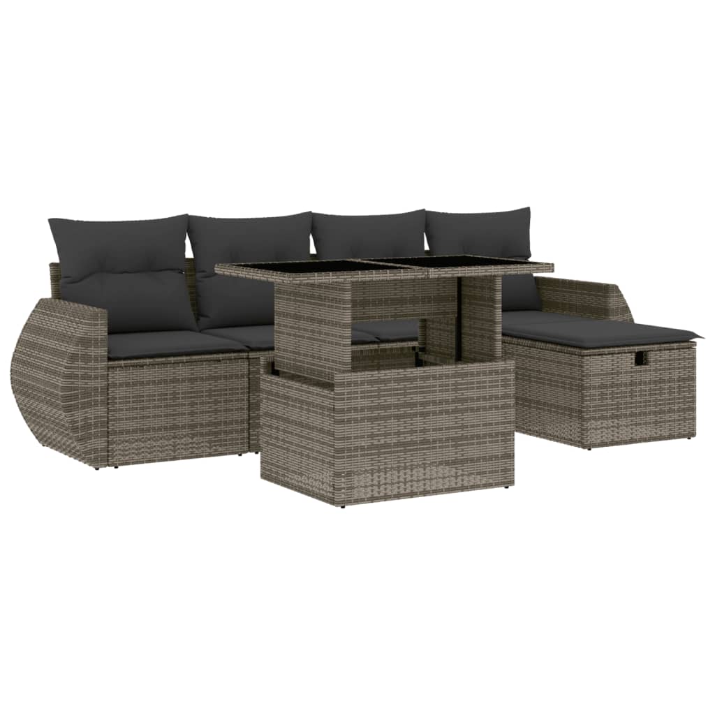 Garden furniture set with cushions, 6 pieces, grey, polyrattan