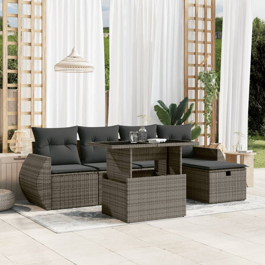 Garden furniture set with cushions, 6 pieces, grey, polyrattan