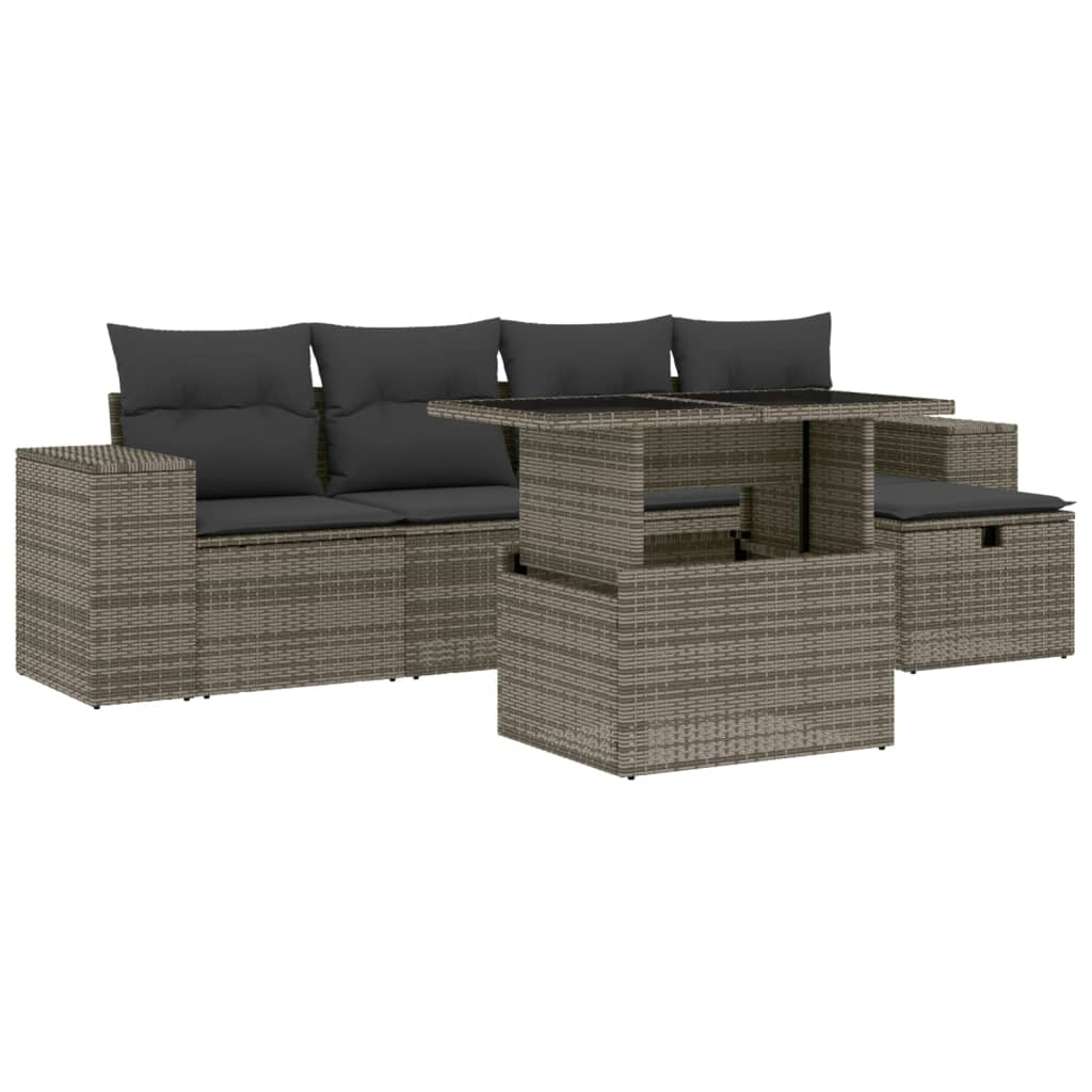 Garden furniture set with cushions, 6 pieces, grey, polyrattan