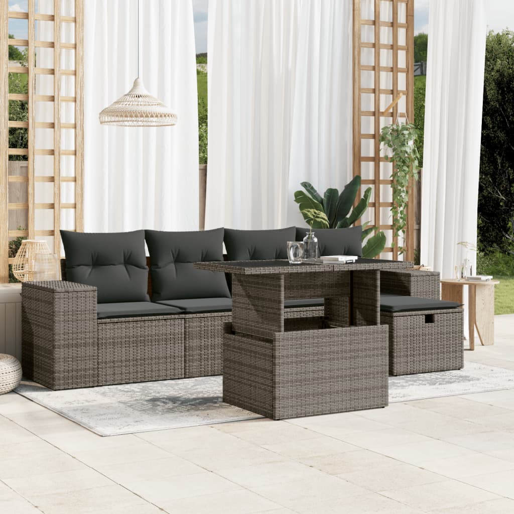 Garden furniture set with cushions, 6 pieces, grey, polyrattan