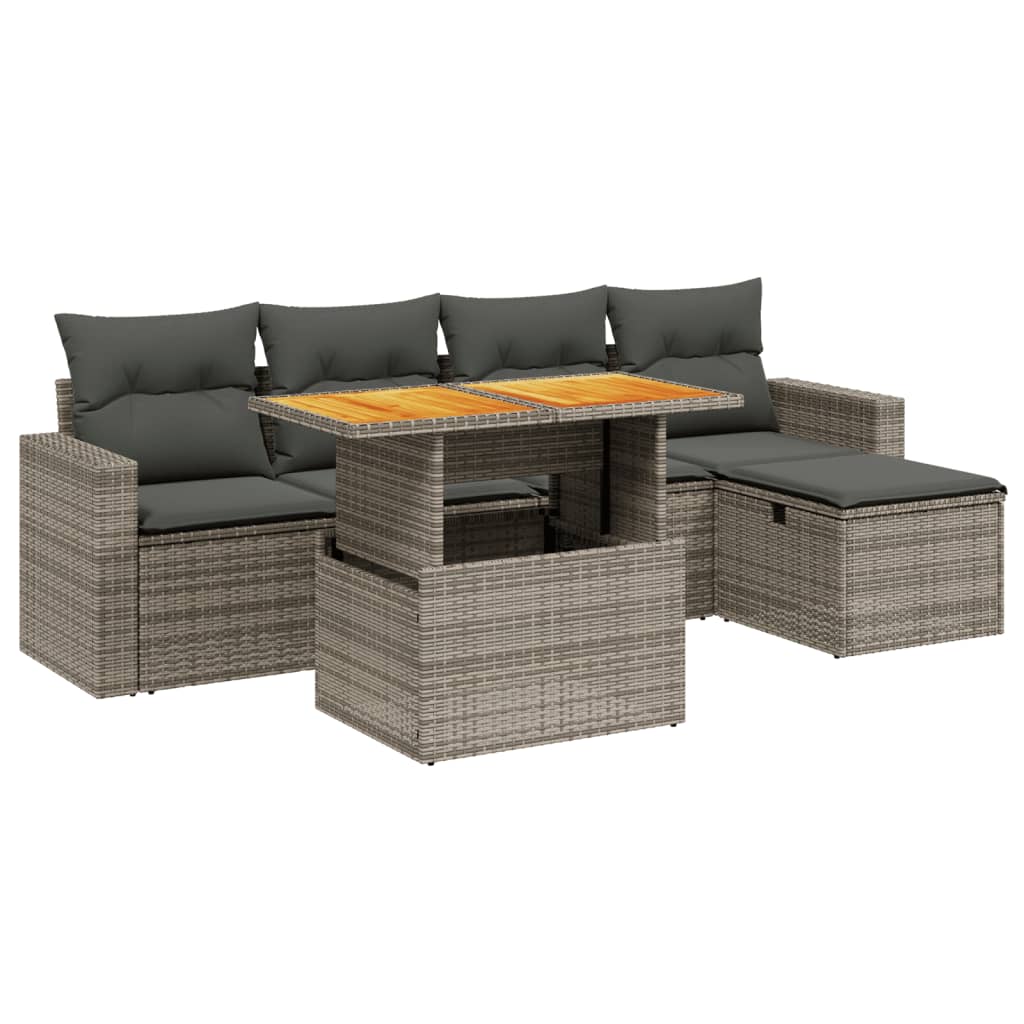 Garden furniture set with cushions, 6 pieces, grey, polyrattan