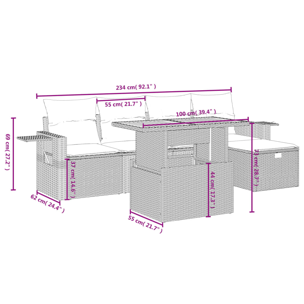 Set mobilier grădină cu perne, 6 piese, gri, poliratan