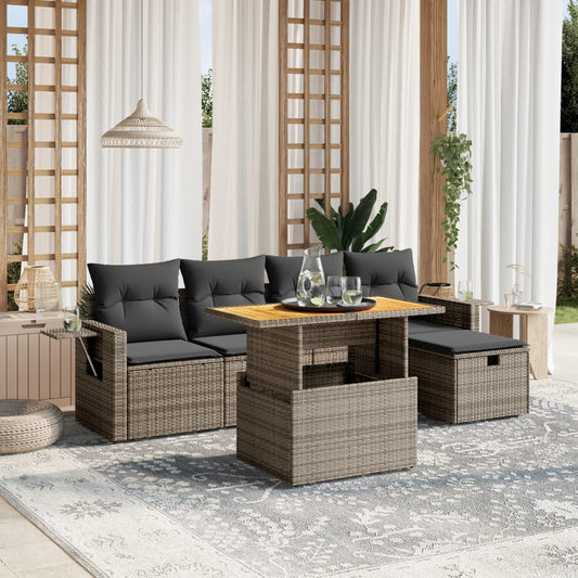 Garden furniture set with cushions, 6 pieces, grey, polyrattan