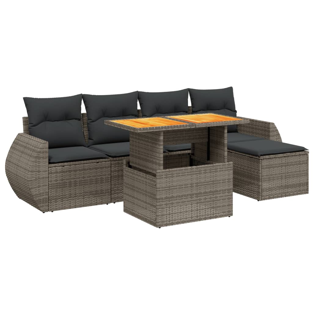 Garden furniture set with cushions, 6 pieces, grey, polyrattan