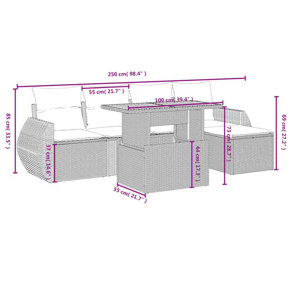 Garden furniture set with cushions, 6 pieces, grey, polyrattan