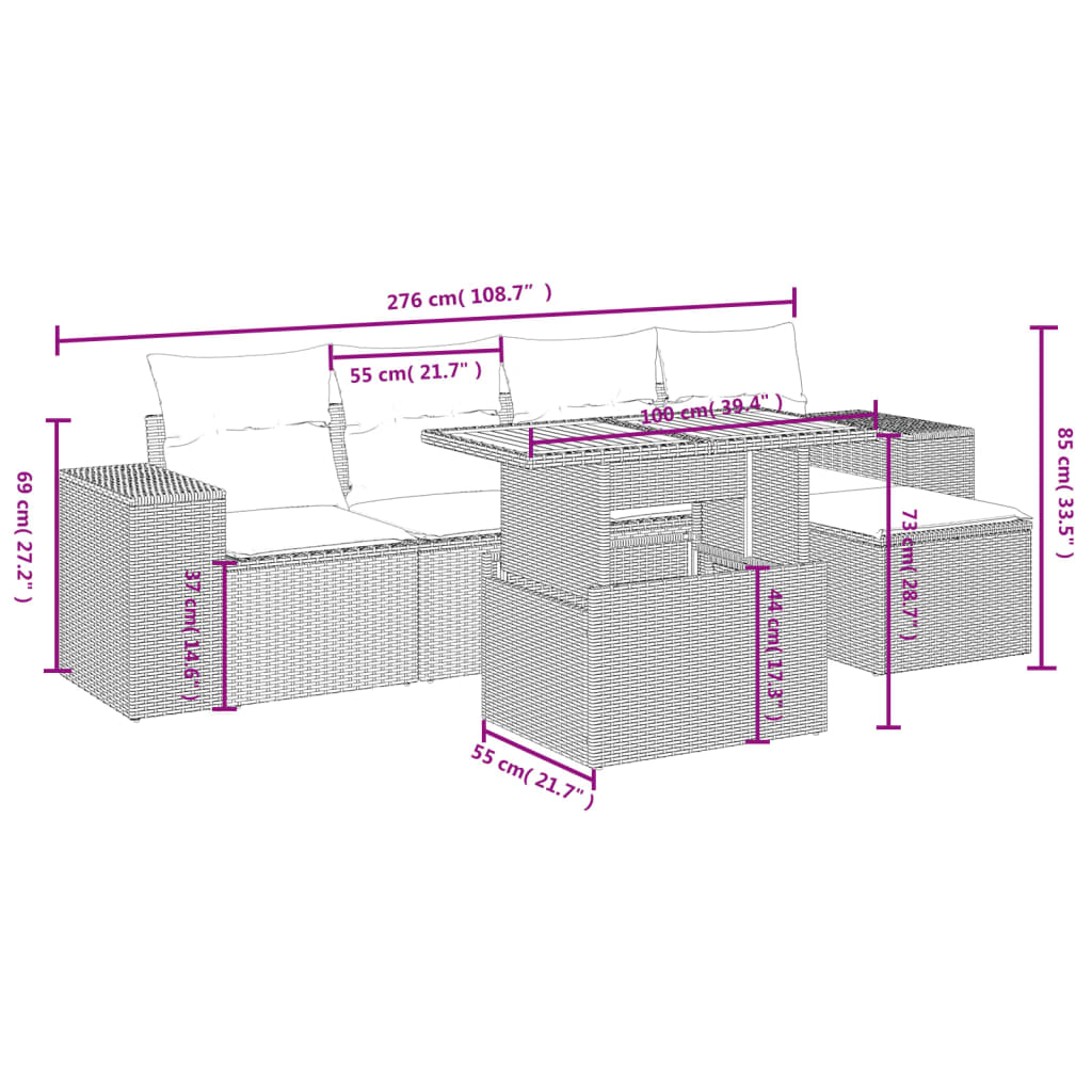 Garden furniture set with cushions, 6 pieces, grey, polyrattan