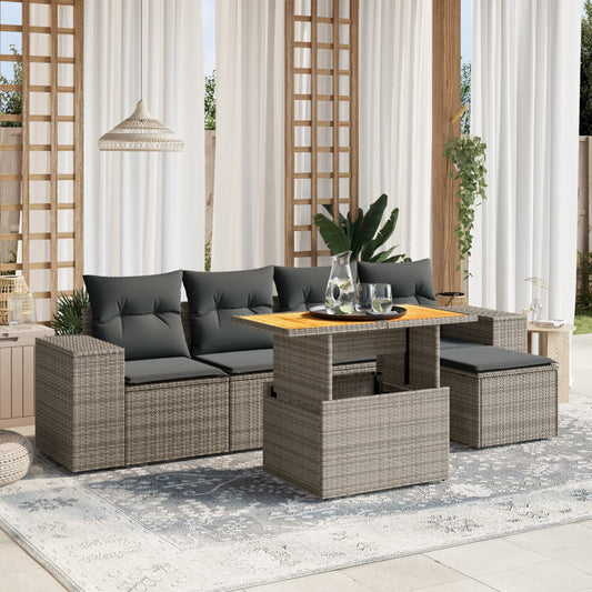 Garden furniture set with cushions, 6 pieces, grey, polyrattan