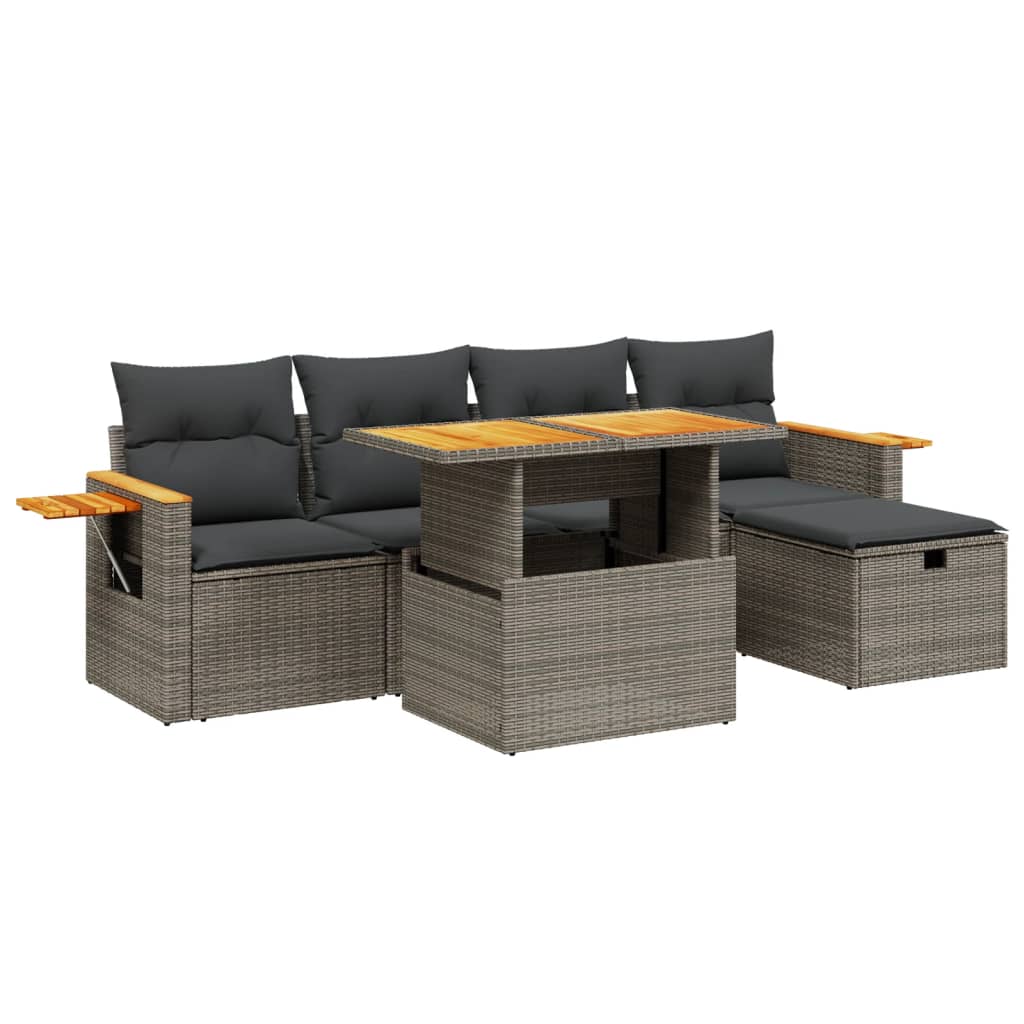 Garden furniture set with cushions, 6 pieces, grey, polyrattan