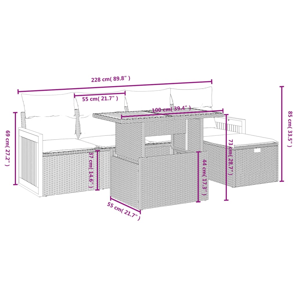 Garden furniture set with cushions, 6 pieces, grey, polyrattan