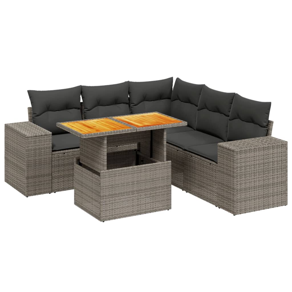 Garden furniture set with cushions, 6 pieces, grey, polyrattan