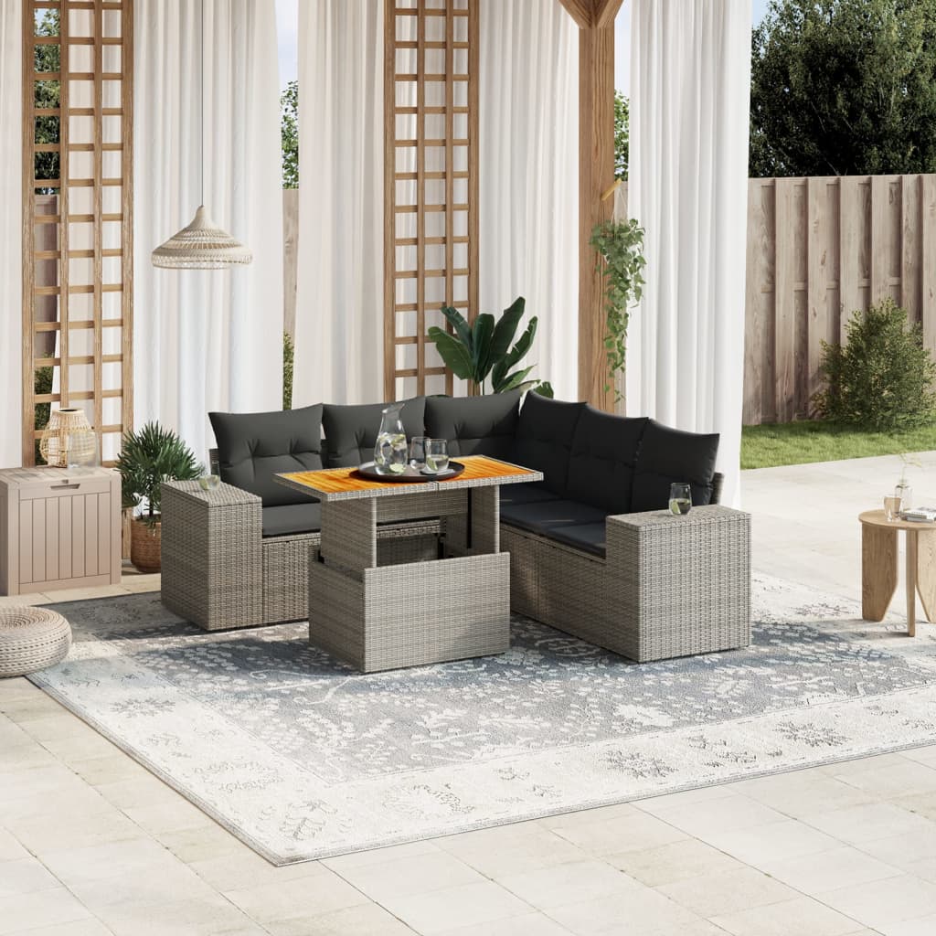 Garden furniture set with cushions, 6 pieces, grey, polyrattan