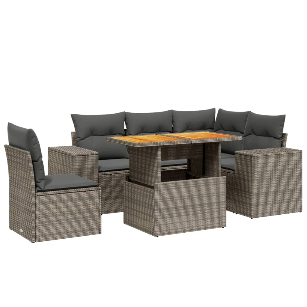 Garden furniture set with cushions, 6 pieces, grey, polyrattan