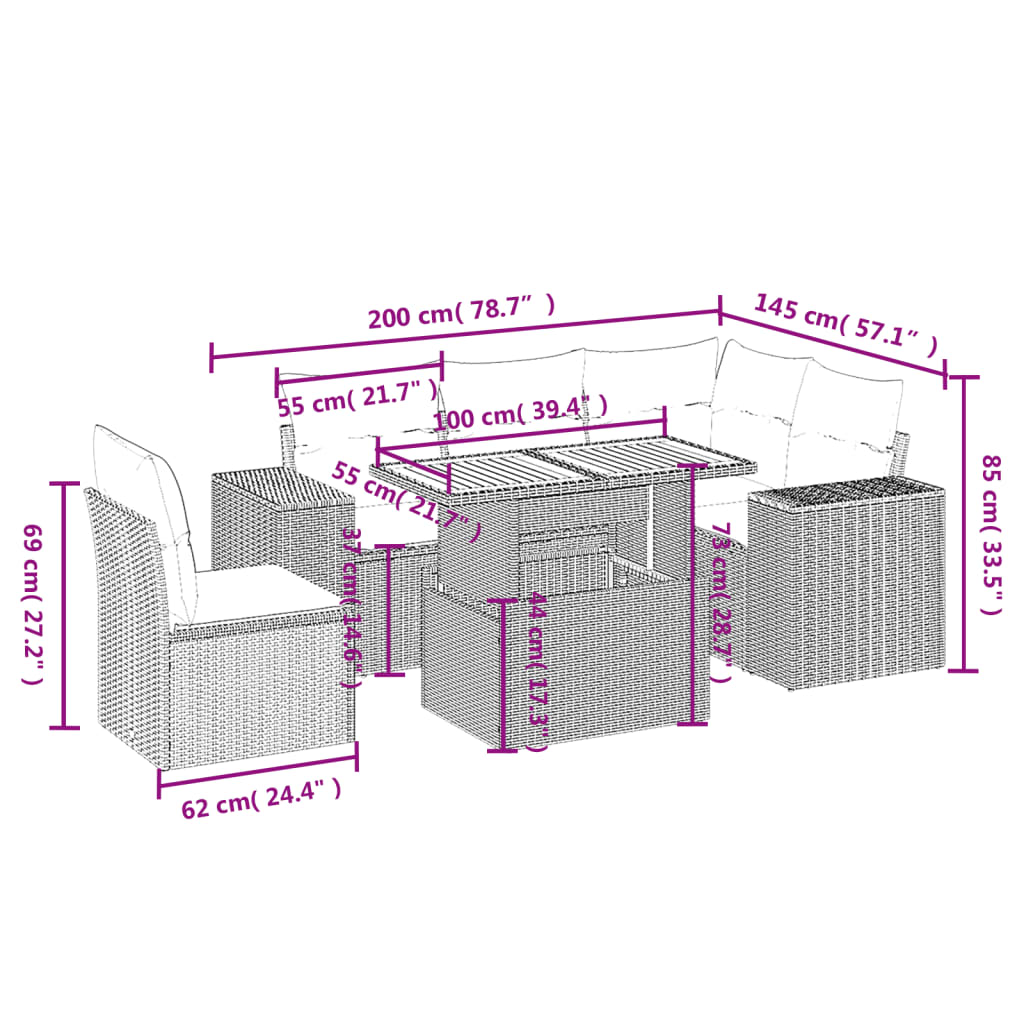 Garden furniture set with cushions, 6 pieces, grey, polyrattan