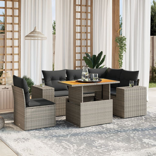 Garden furniture set with cushions, 6 pieces, grey, polyrattan