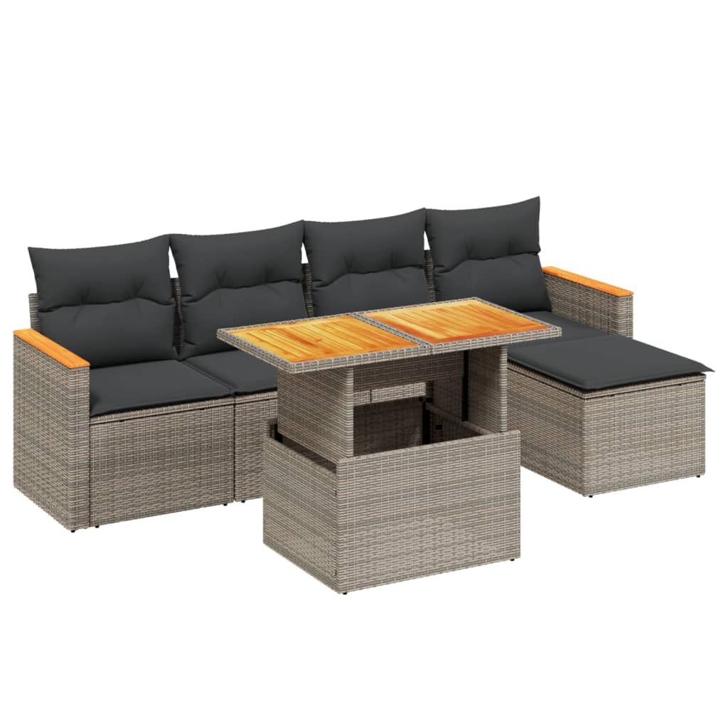 Garden furniture set with cushions, 6 pieces, grey, polyrattan