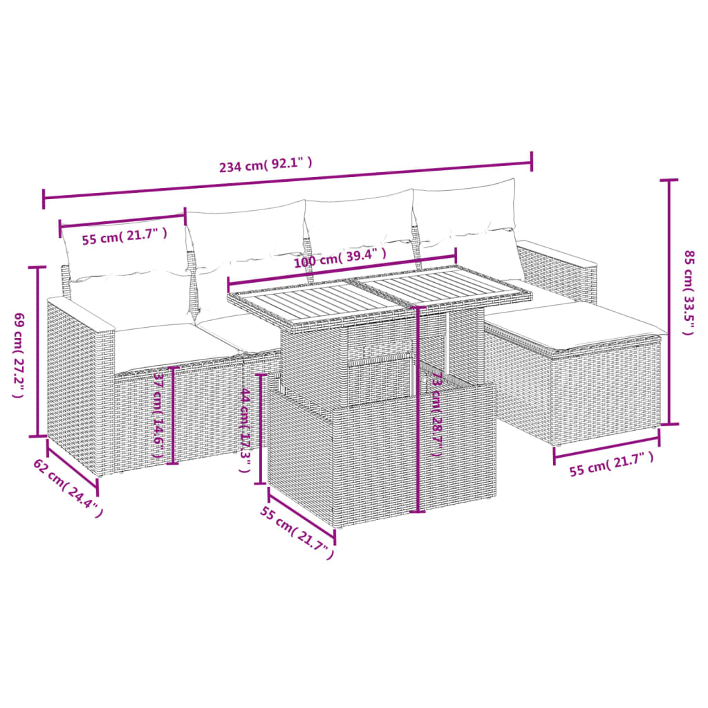 Garden furniture set with cushions, 6 pieces, grey, polyrattan