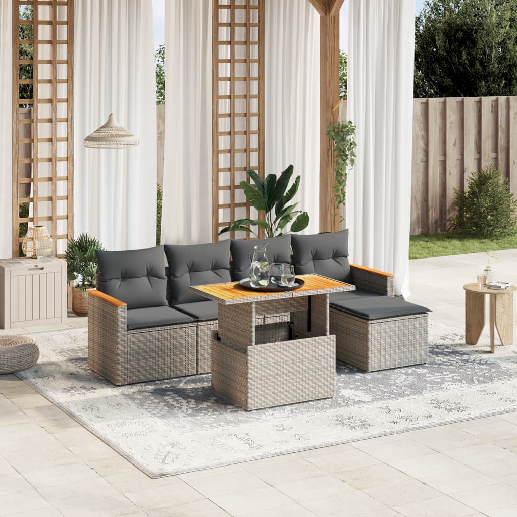 Garden furniture set with cushions, 6 pieces, grey, polyrattan