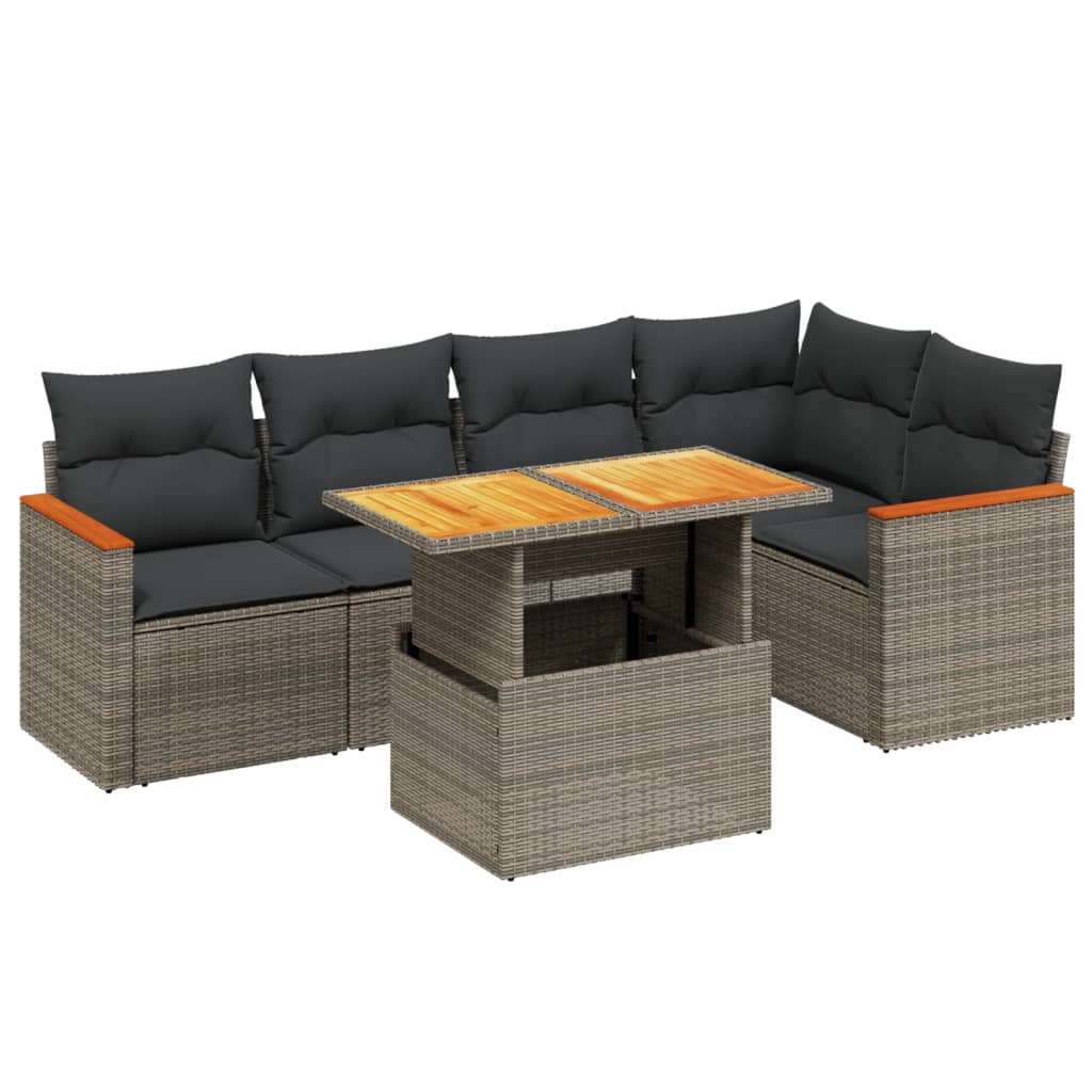 Garden furniture set with cushions, 6 pieces, grey, polyrattan