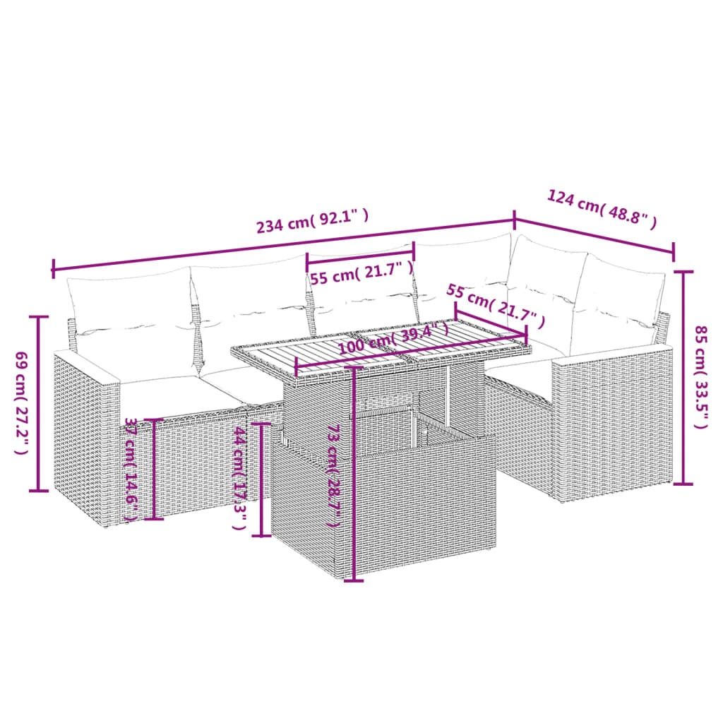 Garden furniture set with cushions, 6 pieces, grey, polyrattan