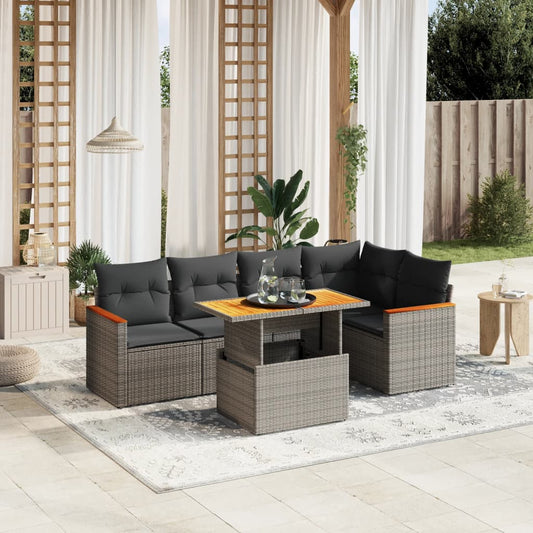 Garden furniture set with cushions, 6 pieces, grey, polyrattan