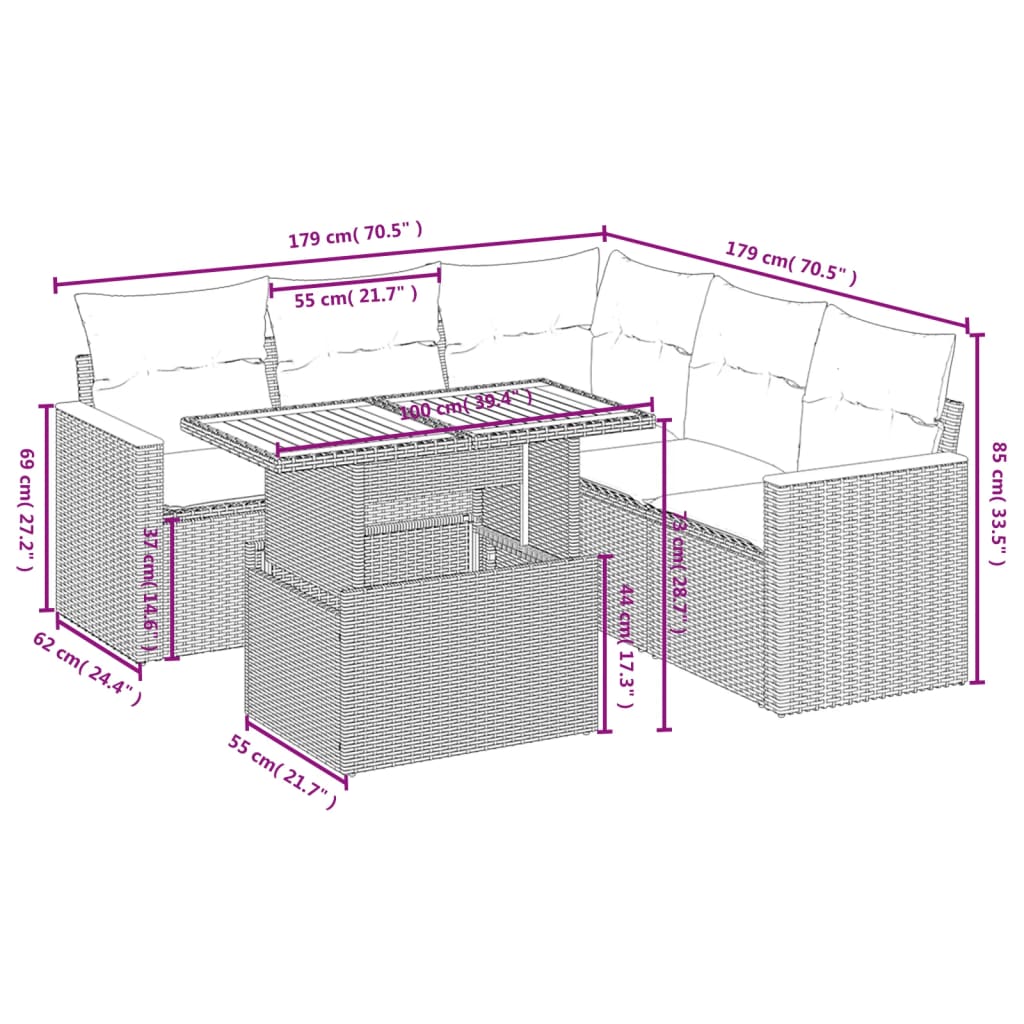 Garden furniture set with cushions, 6 pieces, grey, polyrattan