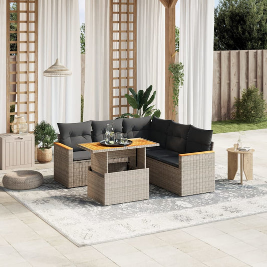 Garden furniture set with cushions, 6 pieces, grey, polyrattan