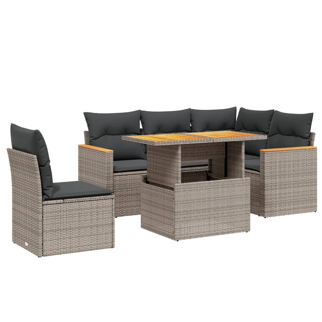 Garden furniture set with cushions, 6 pieces, grey, polyrattan