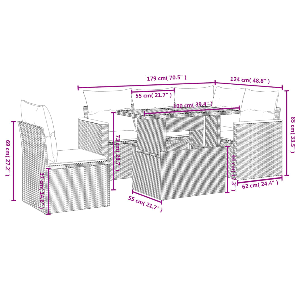 Garden furniture set with cushions, 6 pieces, grey, polyrattan