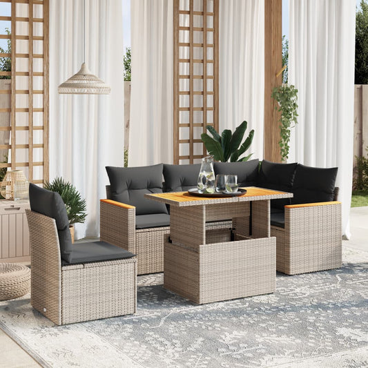 Garden furniture set with cushions, 6 pieces, grey, polyrattan