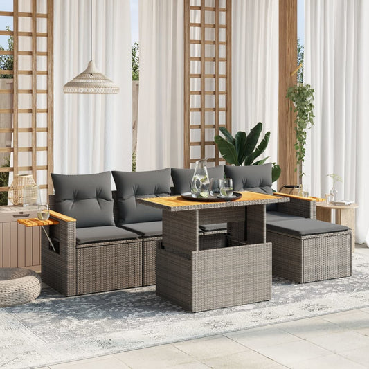 Garden furniture set with cushions, 6 pieces, grey, polyrattan