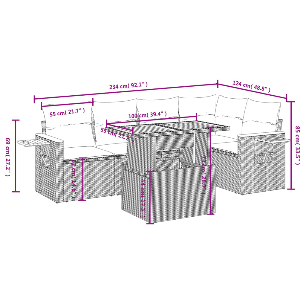 Garden furniture set with cushions, 6 pieces, grey, polyrattan