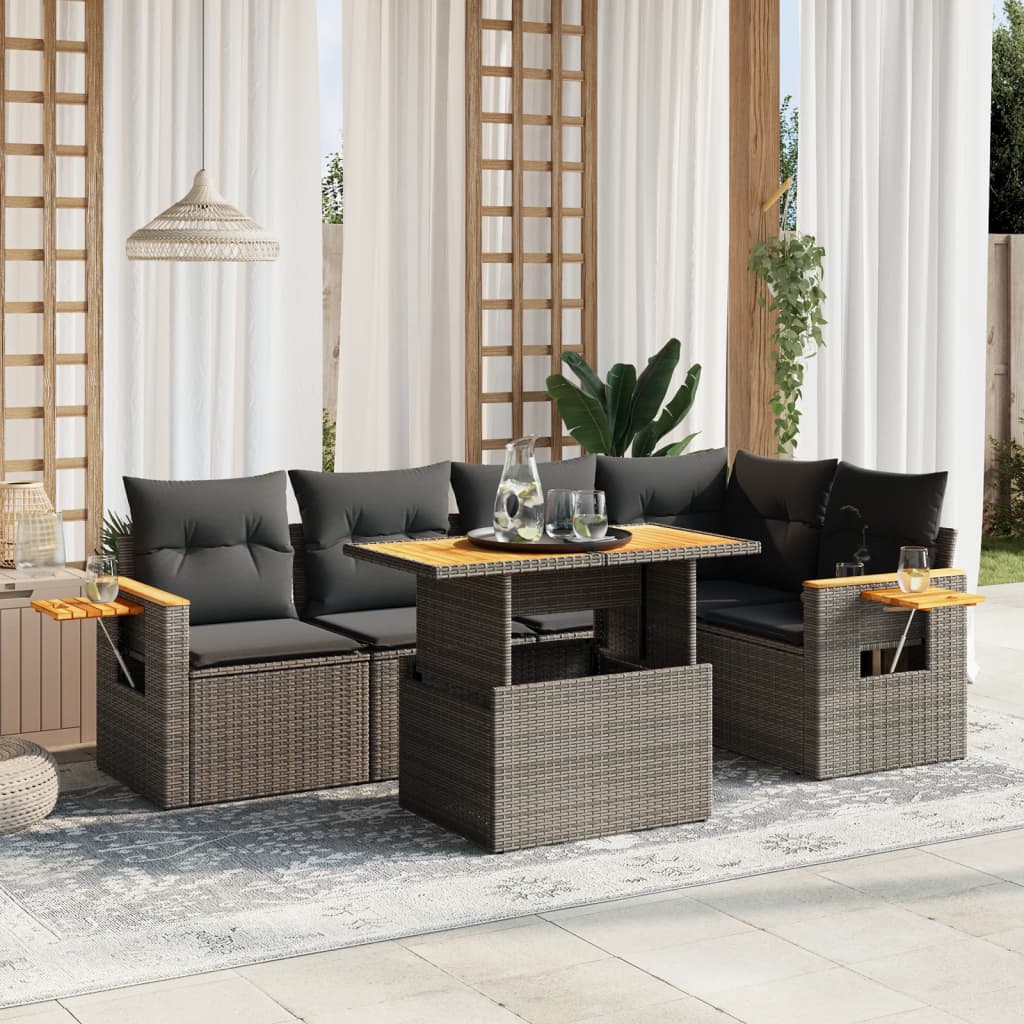 Garden furniture set with cushions, 6 pieces, grey, polyrattan