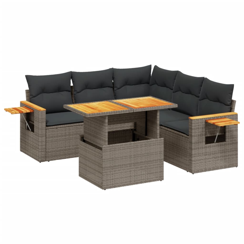 Garden furniture set with cushions, 6 pieces, grey, polyrattan