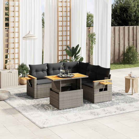 Garden furniture set with cushions, 6 pieces, grey, polyrattan