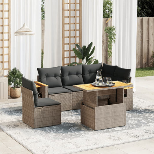 Garden furniture set with cushions, 6 pieces, grey, polyrattan