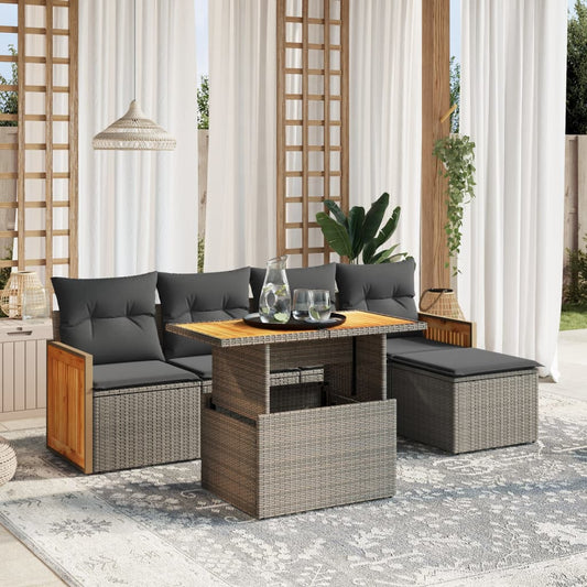 Garden furniture set with cushions, 6 pieces, grey, polyrattan