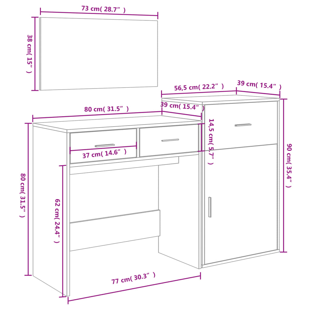 3-piece dressing table set, concrete grey, engineered wood