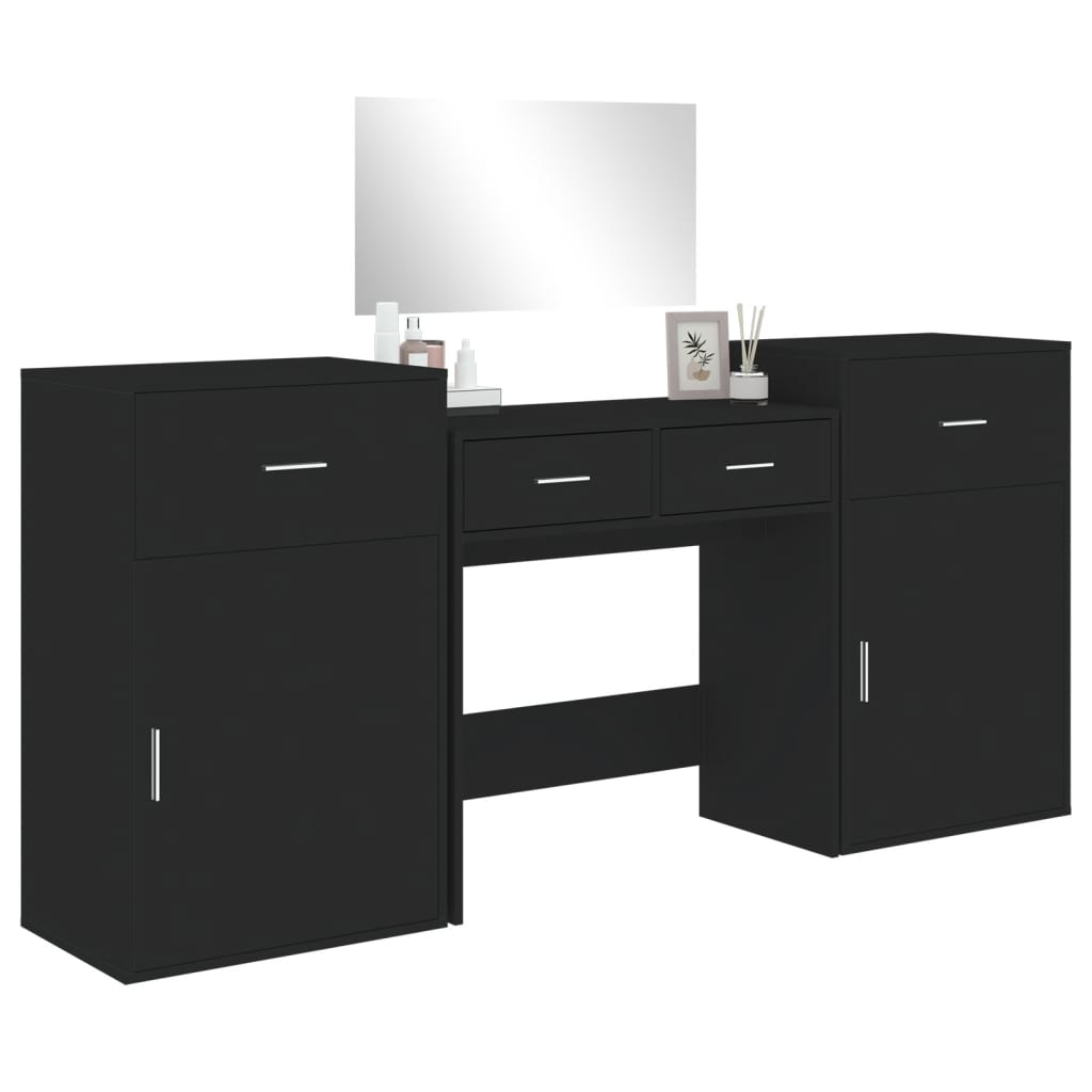 Dressing table set, 4 pieces, black, engineered wood