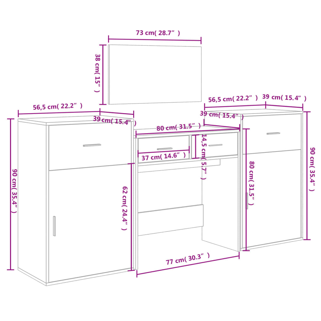 Dressing table set, 4 pieces, concrete grey, engineered wood