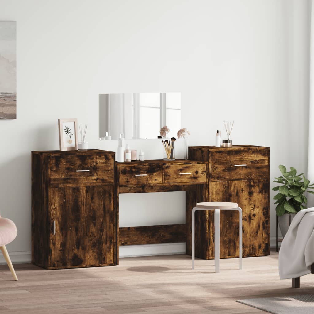 Dressing table set, 4 pieces, smoked oak, engineered wood