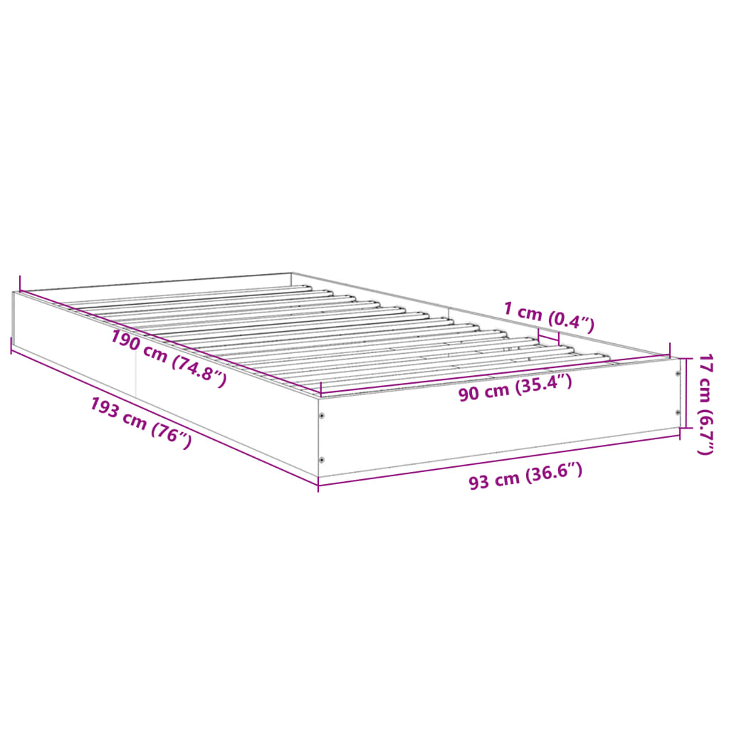 Cadru de pat, gri beton, 90x190 cm, lemn prelucrat