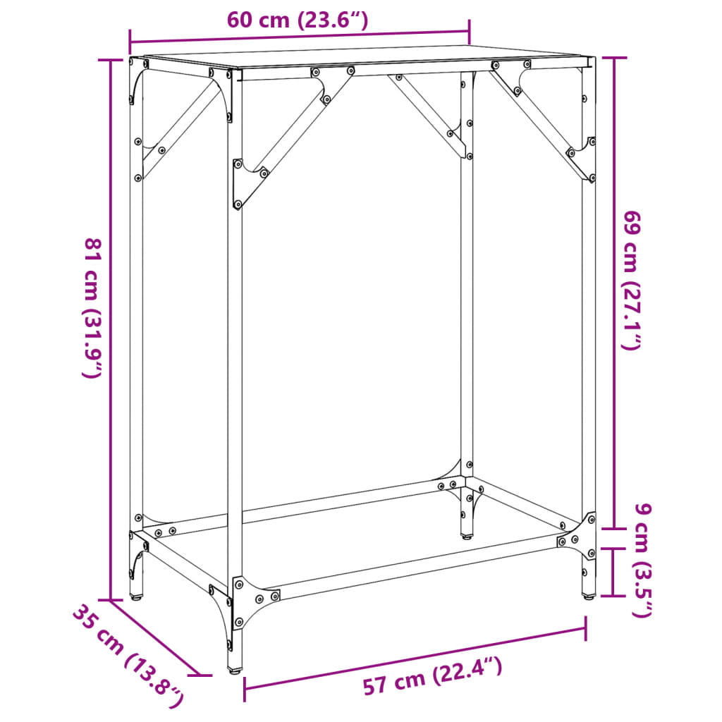 Coffee table, transparent glass top, 60x35x81 cm steel