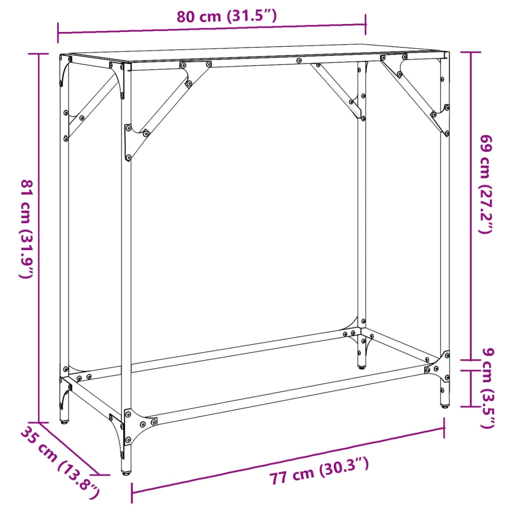 Coffee table, transparent glass top, 80x35x81 cm steel