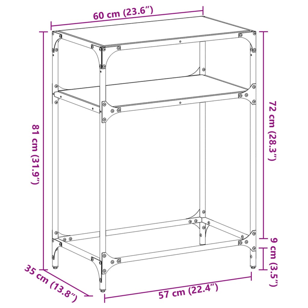 Coffee table, transparent glass top, 60x35x81 cm steel