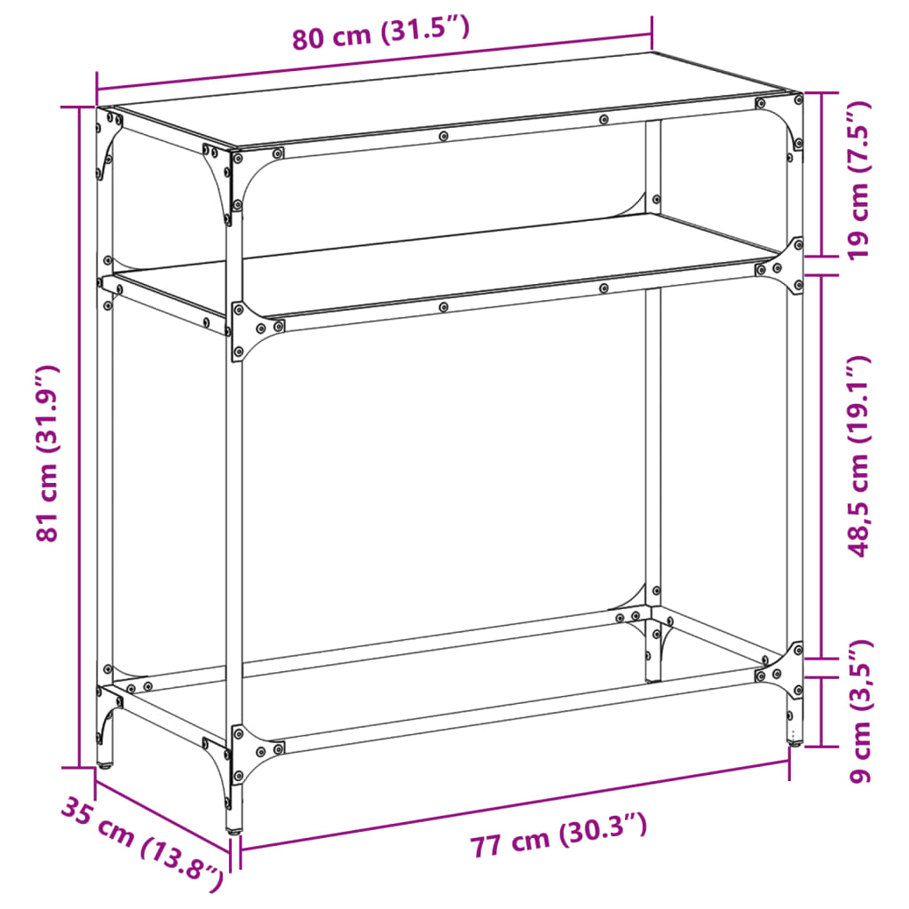 Coffee table, transparent glass top, 80x35x81 cm steel