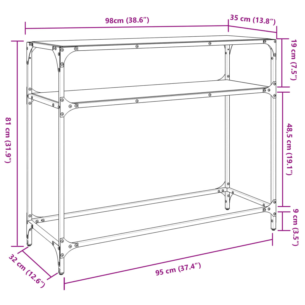 Coffee table, transparent glass top, 98x35x81 cm steel