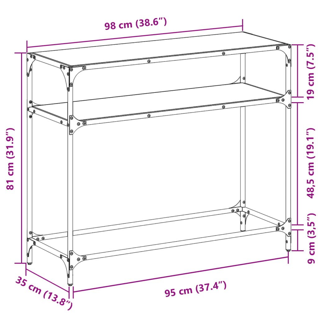 Coffee table, black glass top, 98x35x81 cm, steel