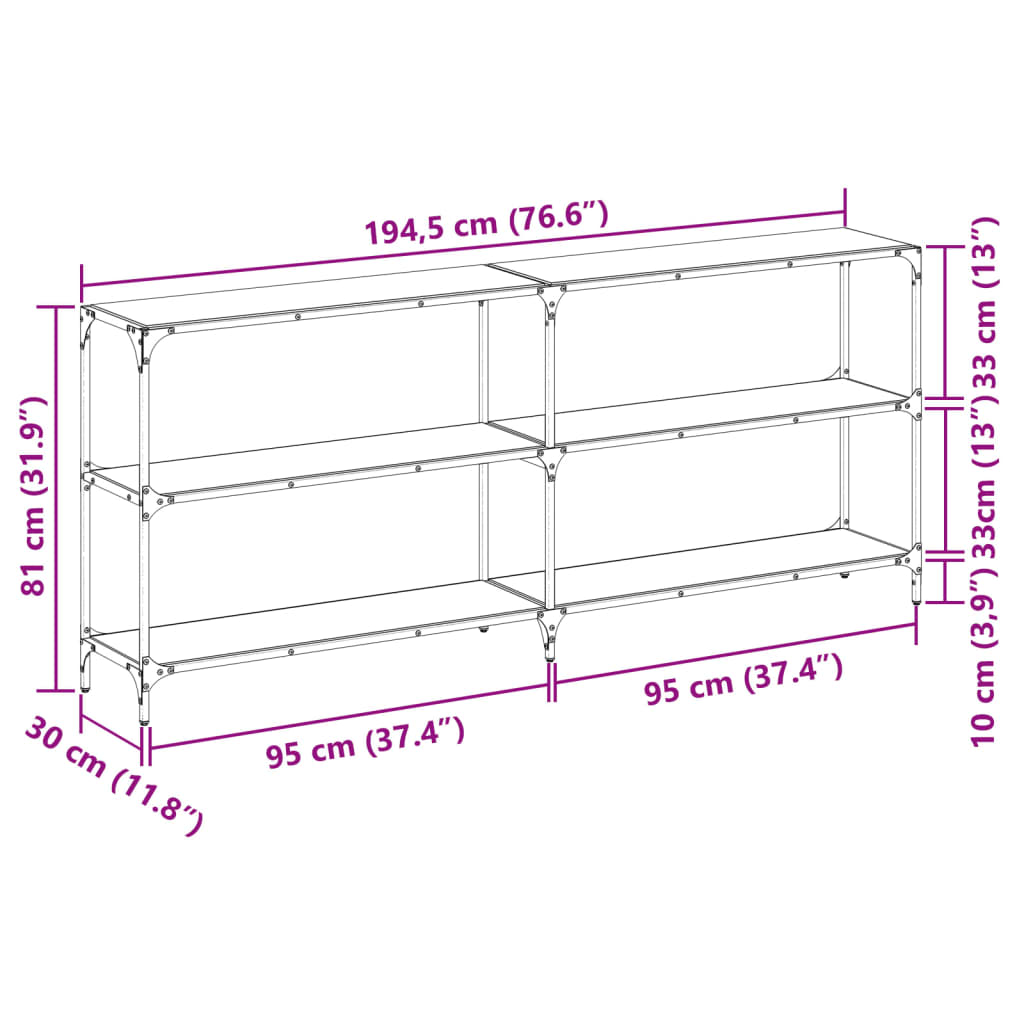 Coffee table transparent glass top 194.5x30x81cm steel